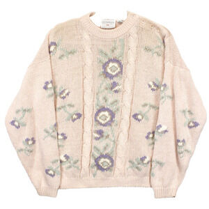 Vintage Autograph Sweater Womens L Floral Knit Cable Ramie‎ Cotton Hong Kong